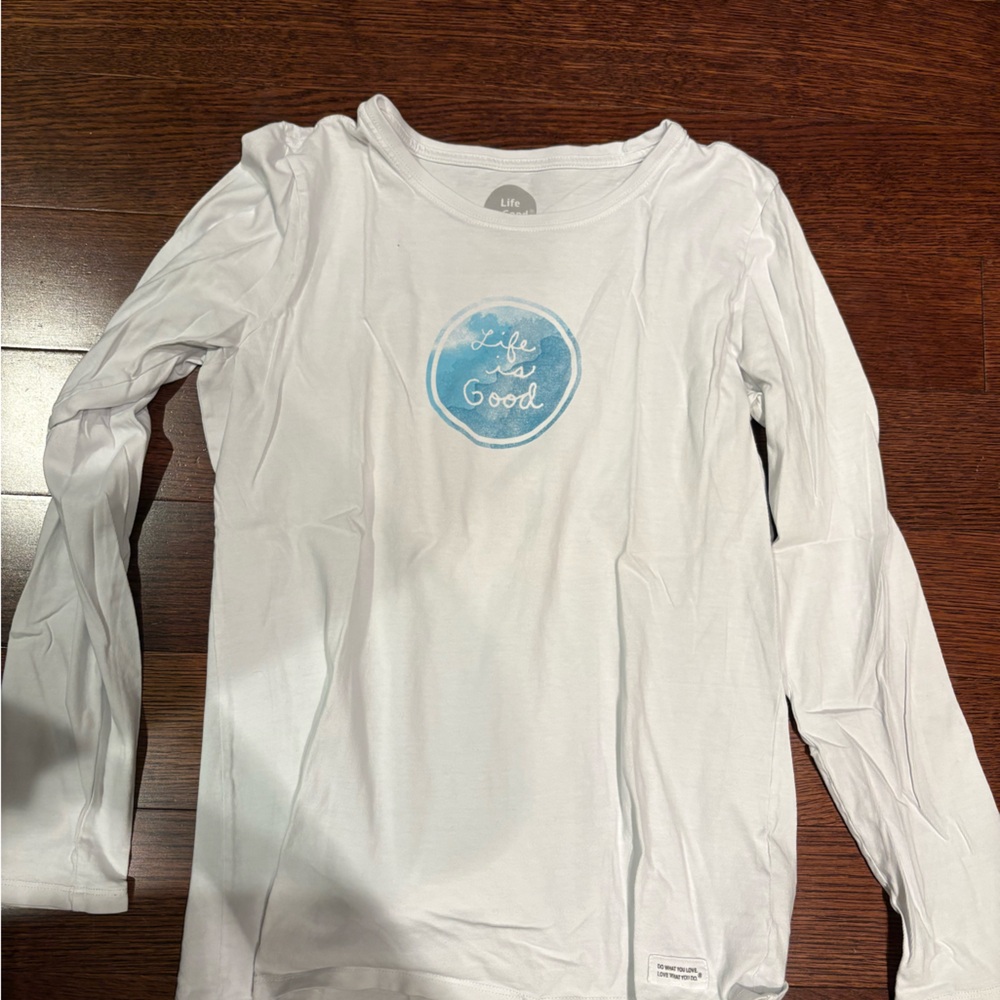 Life Is Good White Long-Sleeve Tee with Sky Blue Logo